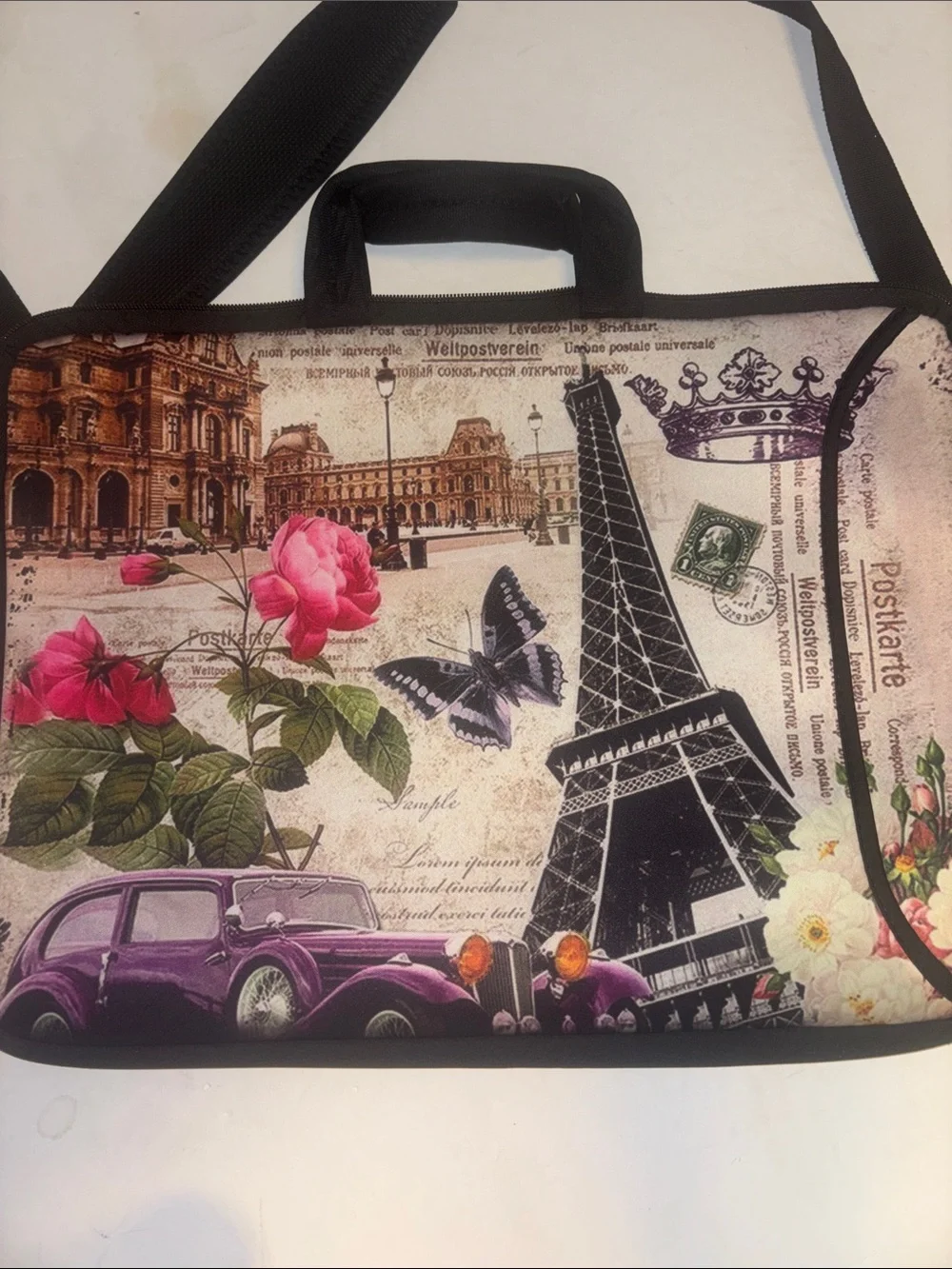 COMPUTER CASE SOFT/THICK PARIS DESIGN FULL ZIPPER HANDLES AND CROSSBODY STRAP
